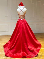 Red V Neck Backless Prom Dresses, Red Open Back Formal Graduation Evening Dresses
