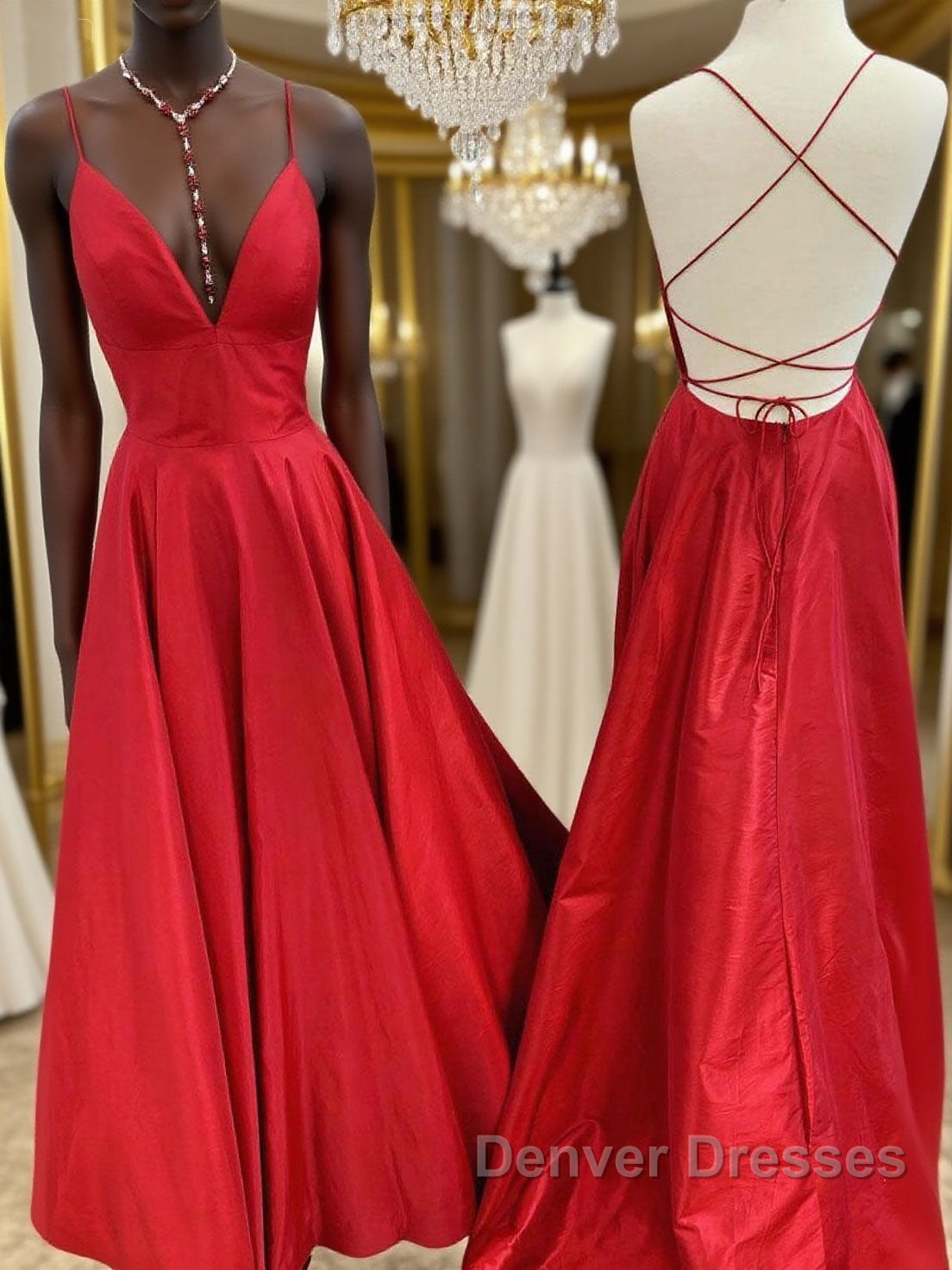 Red v neck backless satin long prom Dress red evening Dress Main image