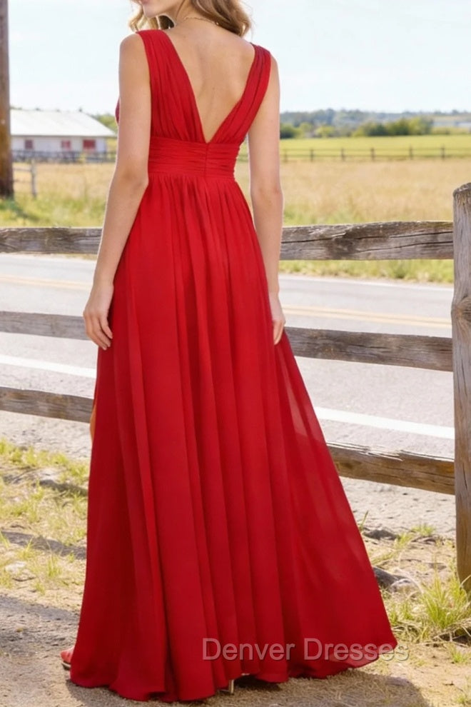 Red V Neck Chiffon Floor Length Bridesmaid Dresses Long Bridesmaid Dress With Pleated Split Secondary image