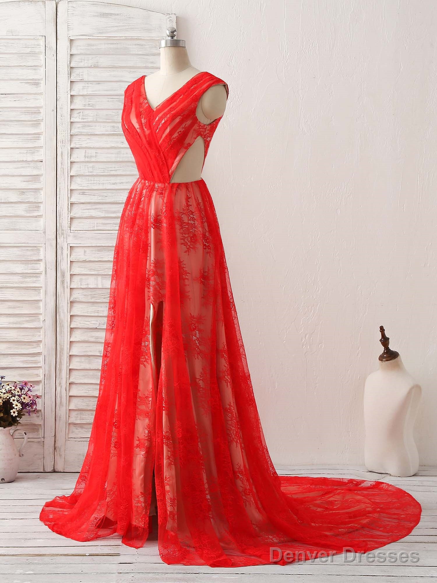 Red V Neck Lace Long Prom Dress, Lace Evening Dress Secondary image