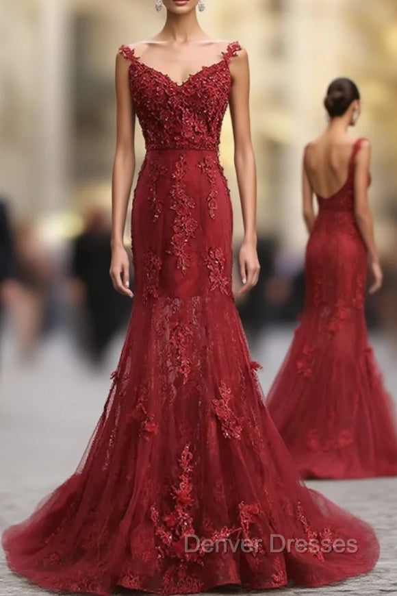 Red V Neck Lace Mermaid Long Prom Dress, Red Evening Dress Main image