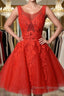 Red v neck lace tulle short prom Dress, red homecoming Dress