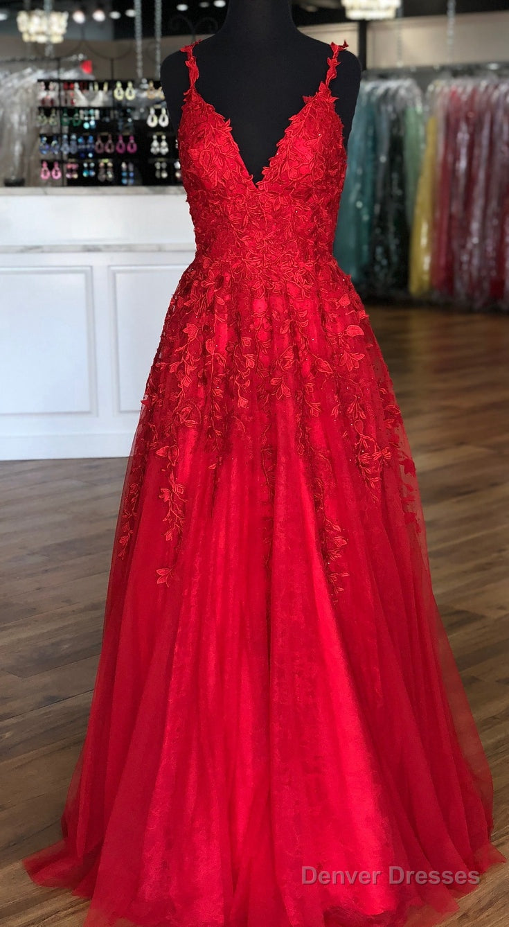 Red V-Neck Leaf Lace Prom Dresses Long Main image