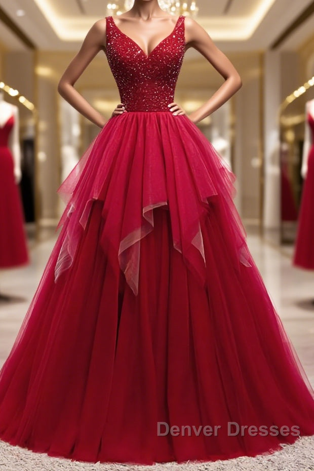 Red V Neck Long Prom Dress with Corset Back, Red Floor Length Prom Gown, Evening Dress Main image