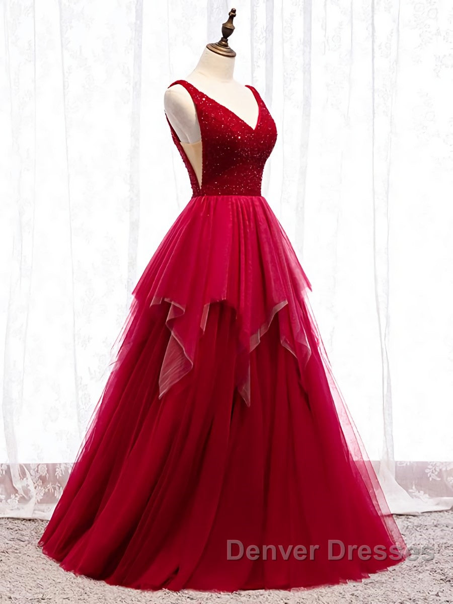 Red V Neck Long Prom Dress with Corset Back, Red Floor Length Prom Gown, Evening Dress