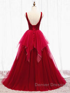 Red V Neck Long Prom Dress with Corset Back, Red Floor Length Prom Gown, Evening Dress