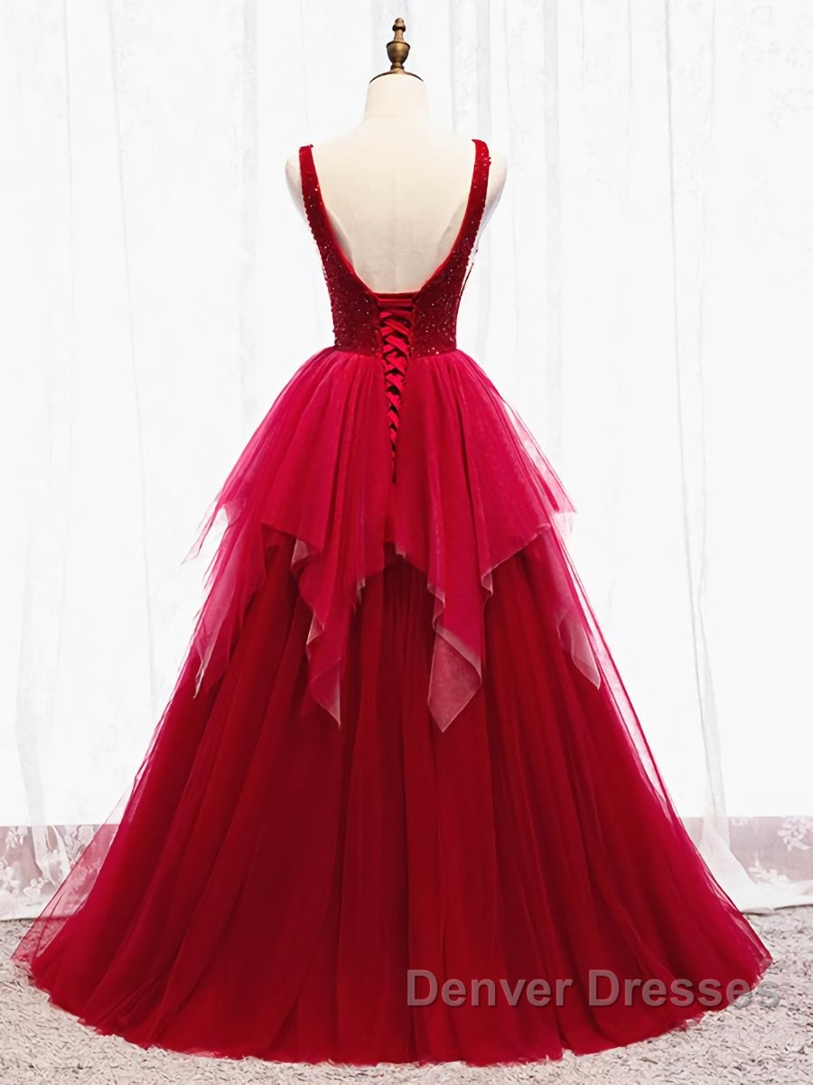 Red V Neck Long Prom Dress with Corset Back, Red Floor Length Prom Gown, Evening Dress
