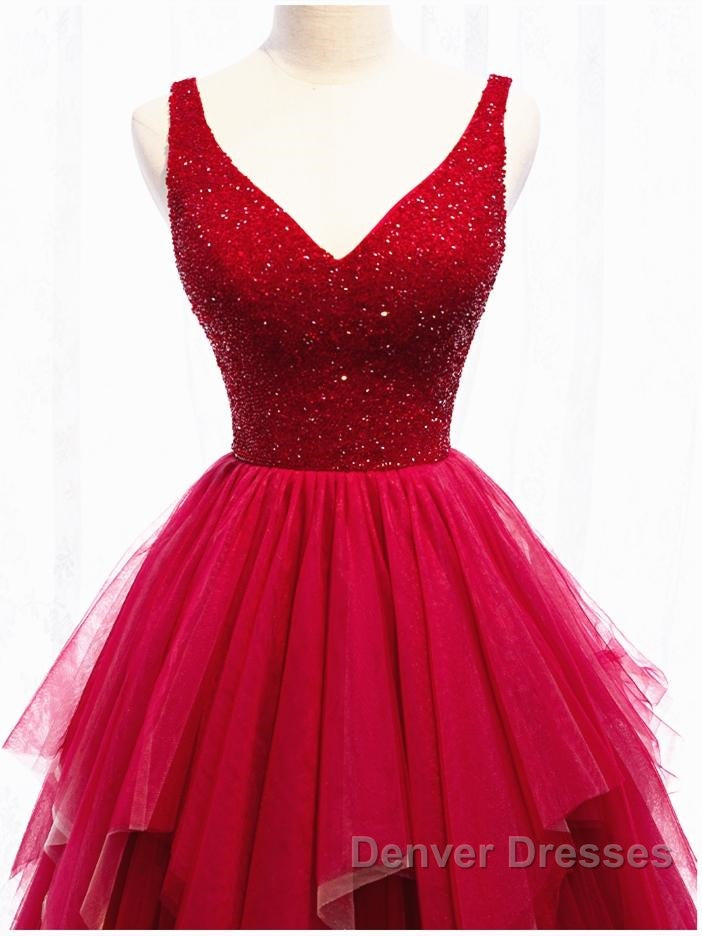 Red V Neck Long Prom Dress with Corset Back, Red Floor Length Prom Gown, Evening Dress