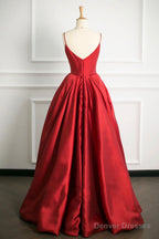 Red V-Neck Satin Long A-Line Prom Dress, Simple A-Line Backless Evening Party Dress