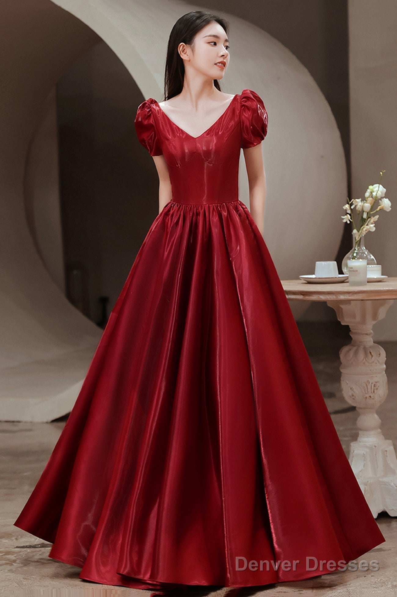 Red V-Neck Satin Long Prom Dress, A-Line Evening Dress Main image
