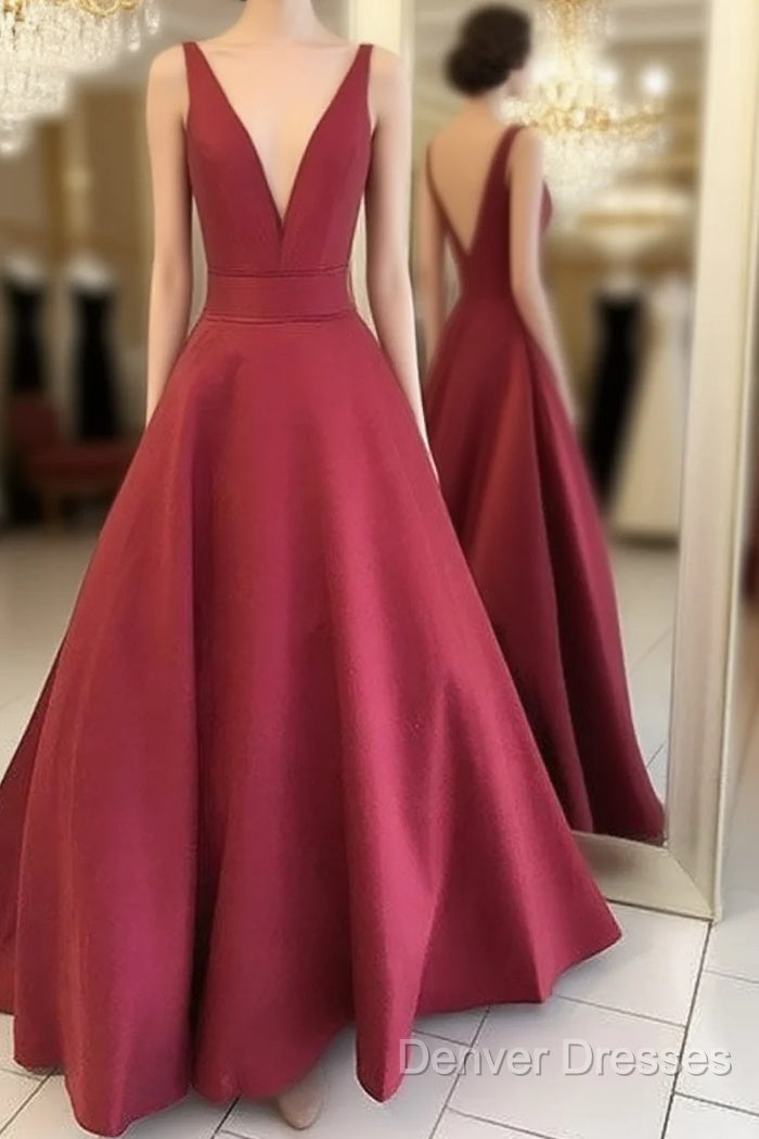 Red V Neck Satin Long Prom Dress, Red Evening Dress Main image
