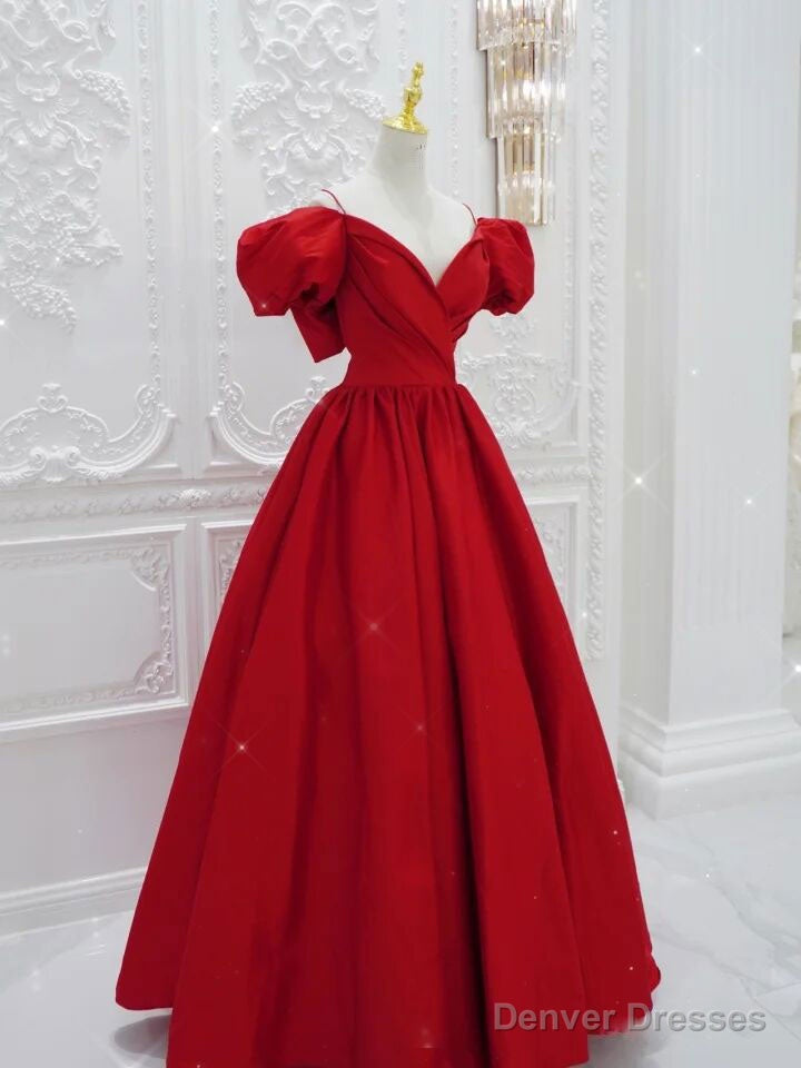 Red V Neck Satin Long Prom Dress, Red Formal Evening Dresses Main image