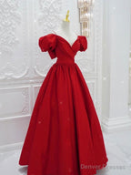 Red V Neck Satin Long Prom Dress, Red Formal Evening Dresses