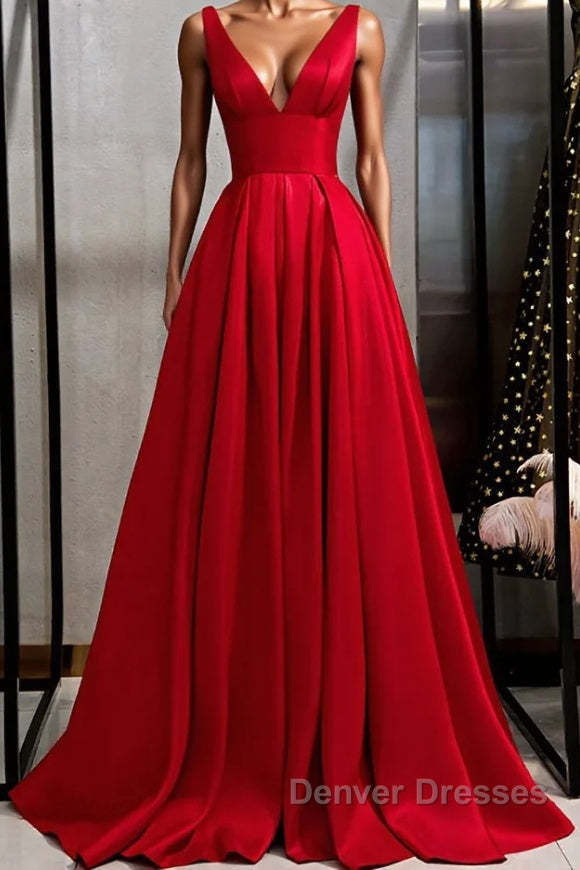 Red v neck satin long prom Dress simple red evening Dress Main image