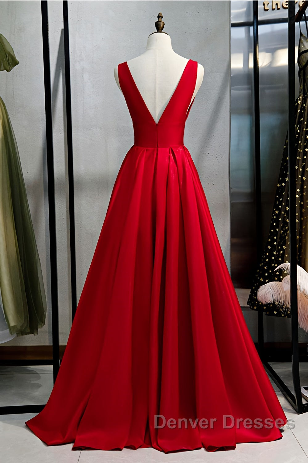 Red v neck satin long prom Dress simple red evening Dress