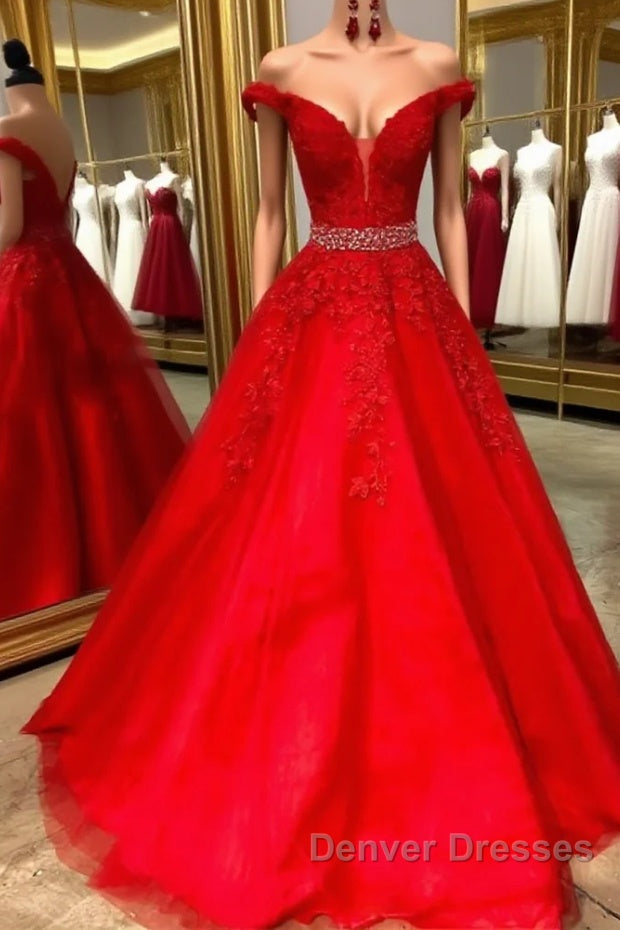 Red v neck tulle lace long prom Dress, red tulle evening Dress Main image