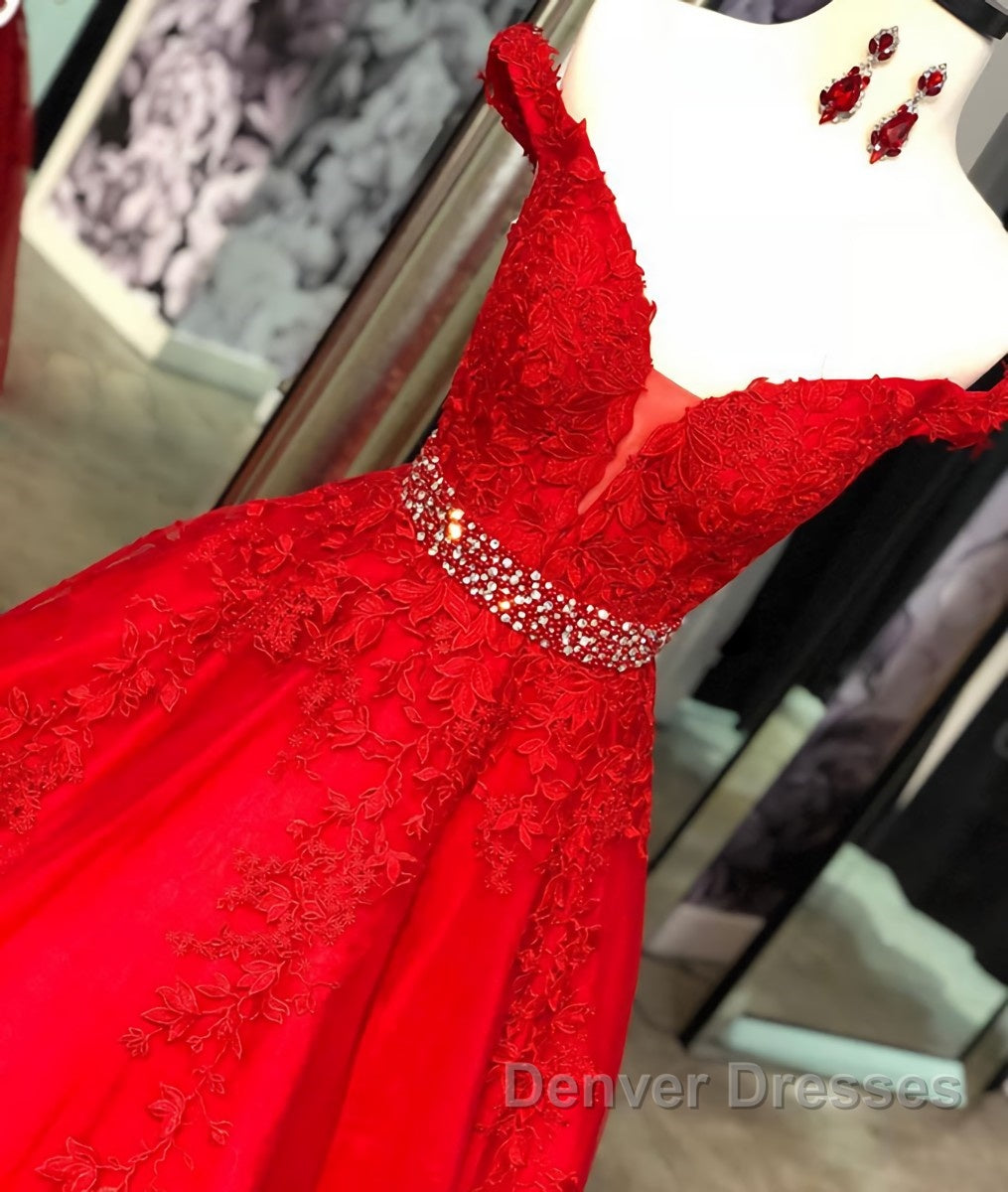 Red v neck tulle lace long prom Dress, red tulle evening Dress