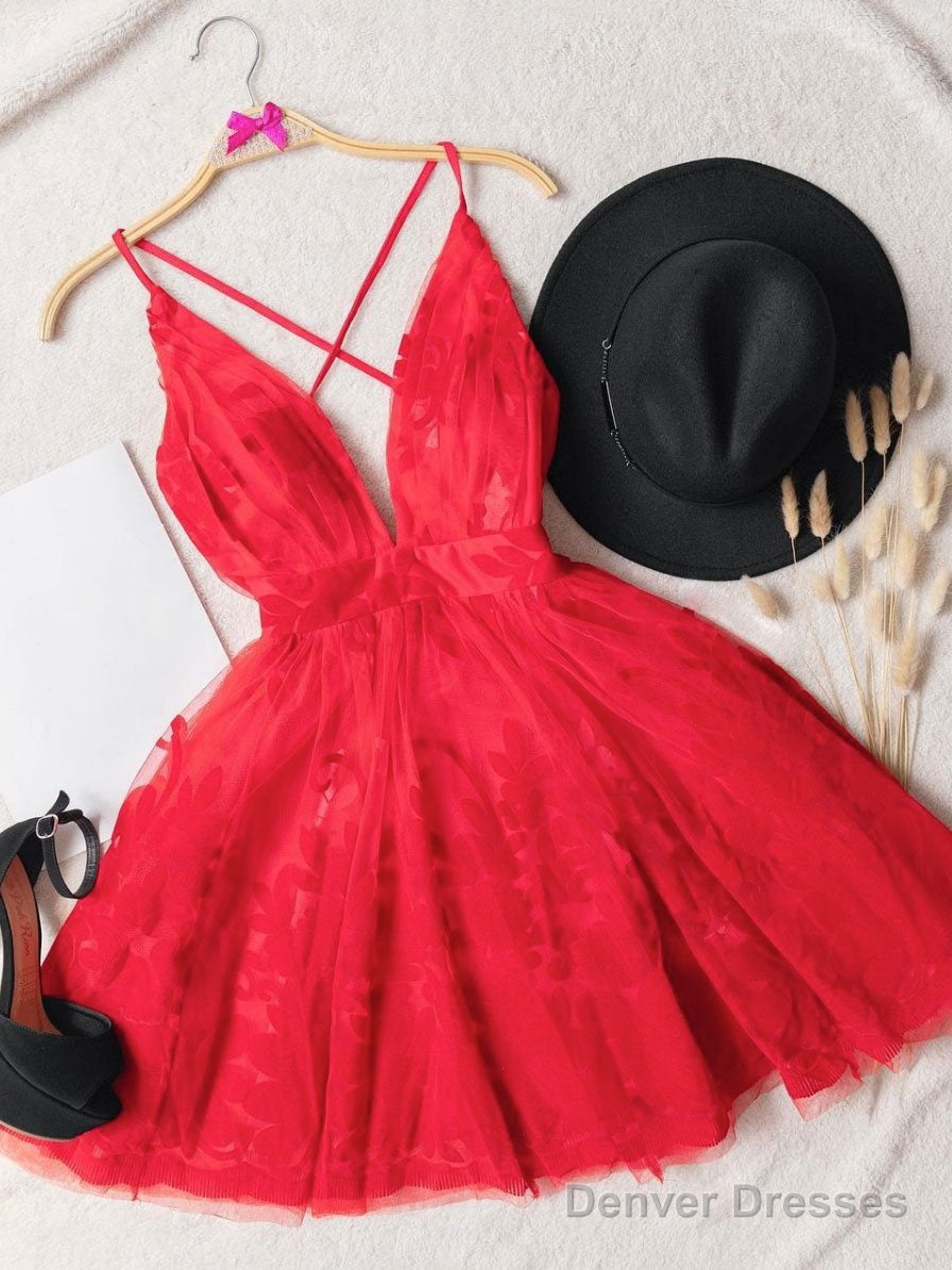 Red V Neck Tulle Lace Short Dress, Red Homecoming Dress Main image