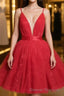 Red v neck tulle lace short prom Dress,Mini homecoming Dress cocktail Dress