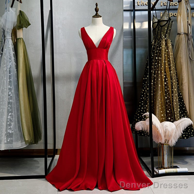 Red V-neckline Satin Floor Length Prom Dress Red Evening Gown prom dresses shops Secondary image