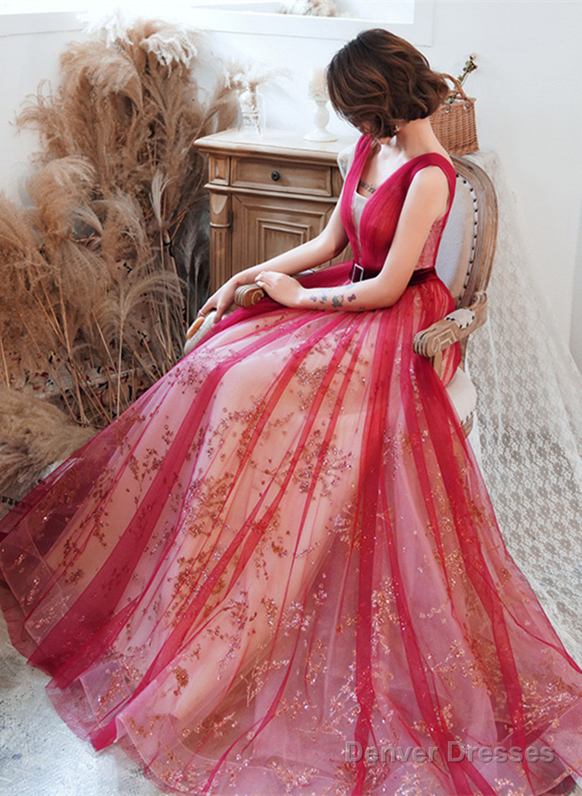 Red V-Neckline Tulle A-Line Long Prom Dress, Red Tulle Evening Dress Party Dress Secondary image