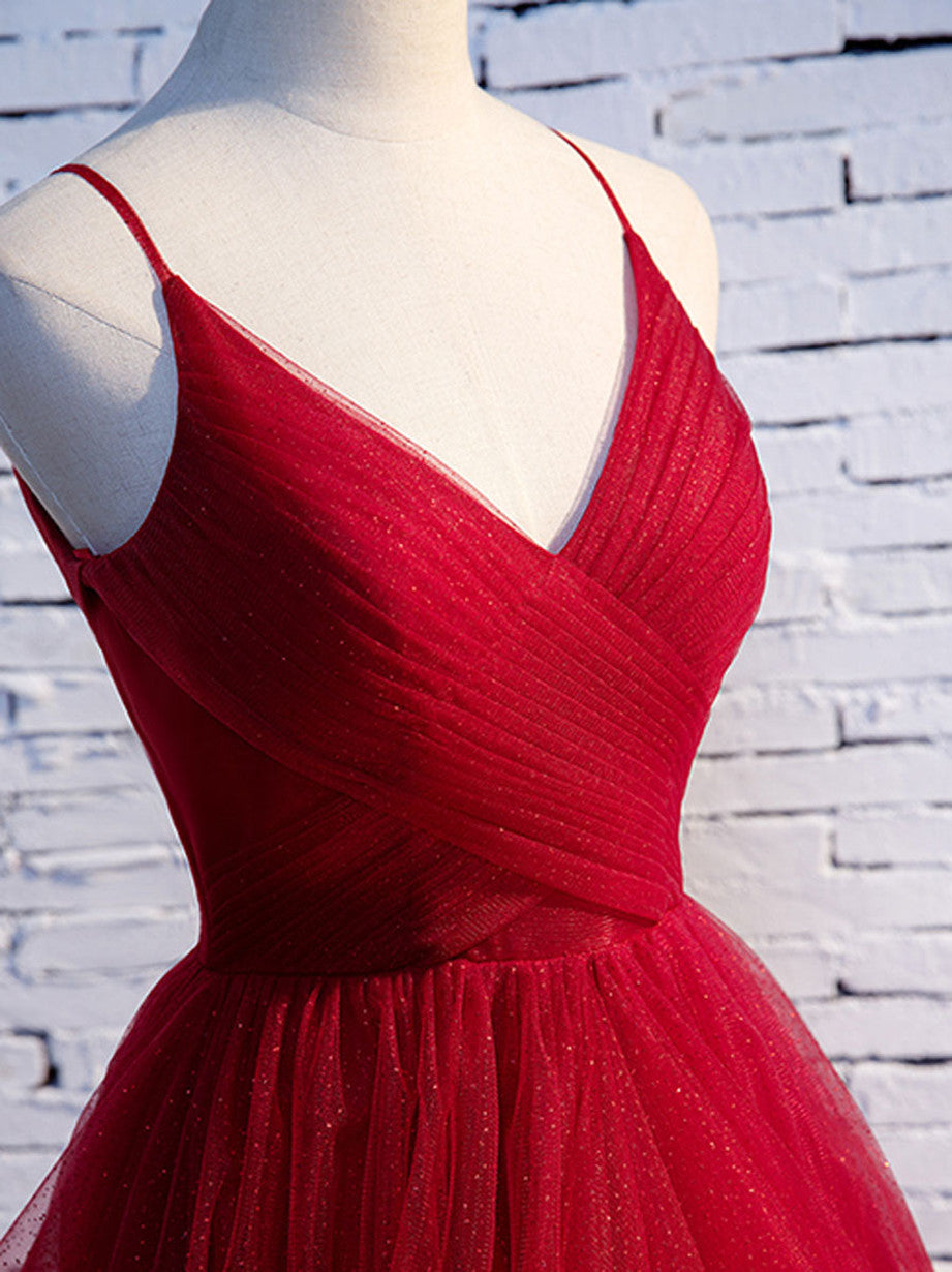 Red V-Neckline Tulle Straps Long Formal Dress, Red Layers Prom Dress Secondary image