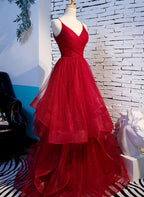 Red V-Neckline Tulle Straps Long Formal Dress, Red Layers Prom Dress