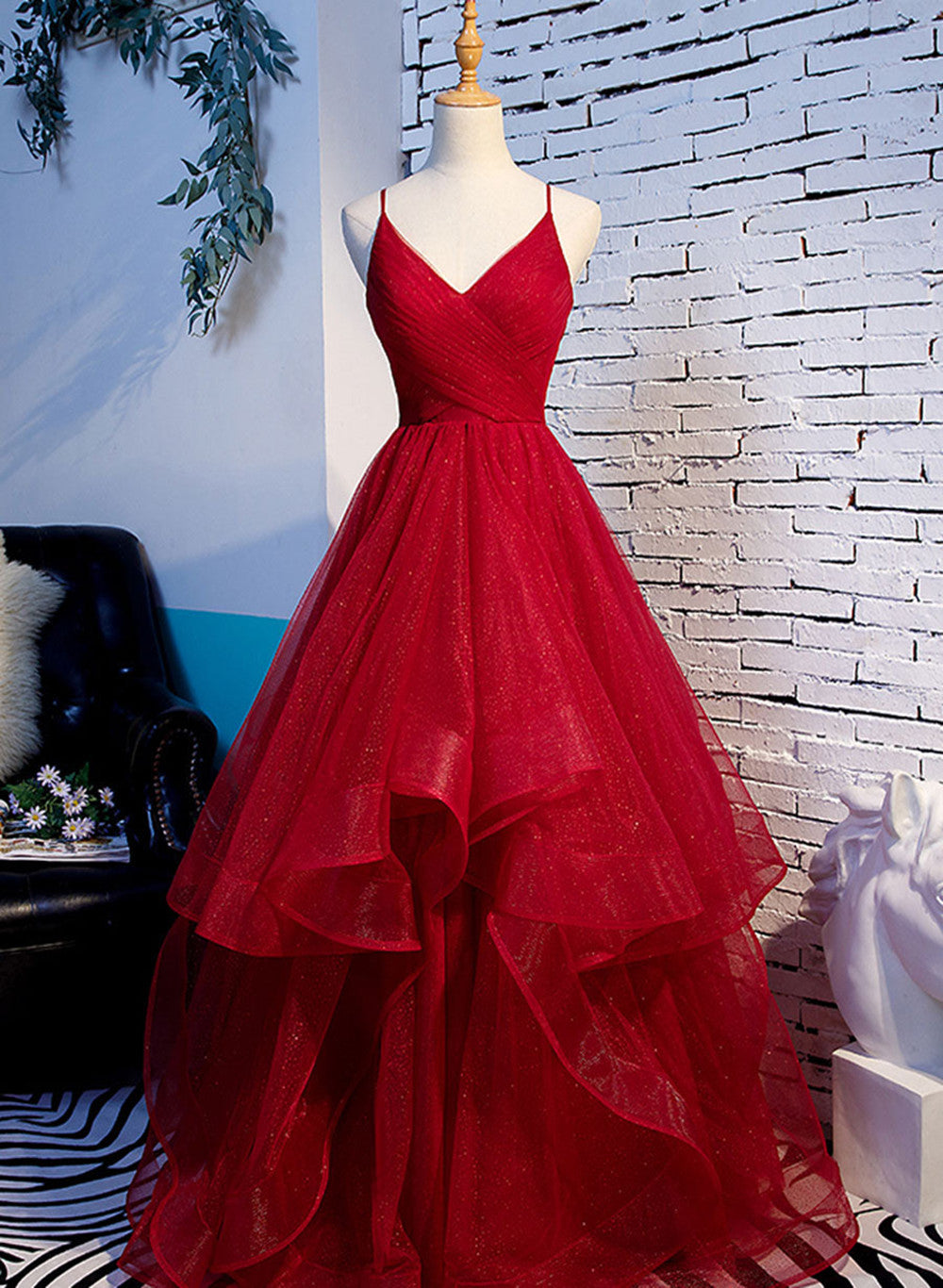 Red V-Neckline Tulle Straps Long Formal Dress, Red Layers Prom Dress Main image