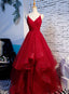 Red V-Neckline Tulle Straps Long Formal Dress, Red Layers Prom Dress