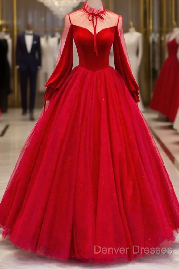 Red Velvet And Tulle Floor Length Prom Dress, Long Sleeve Beautiful A-Line Party Dress Main image