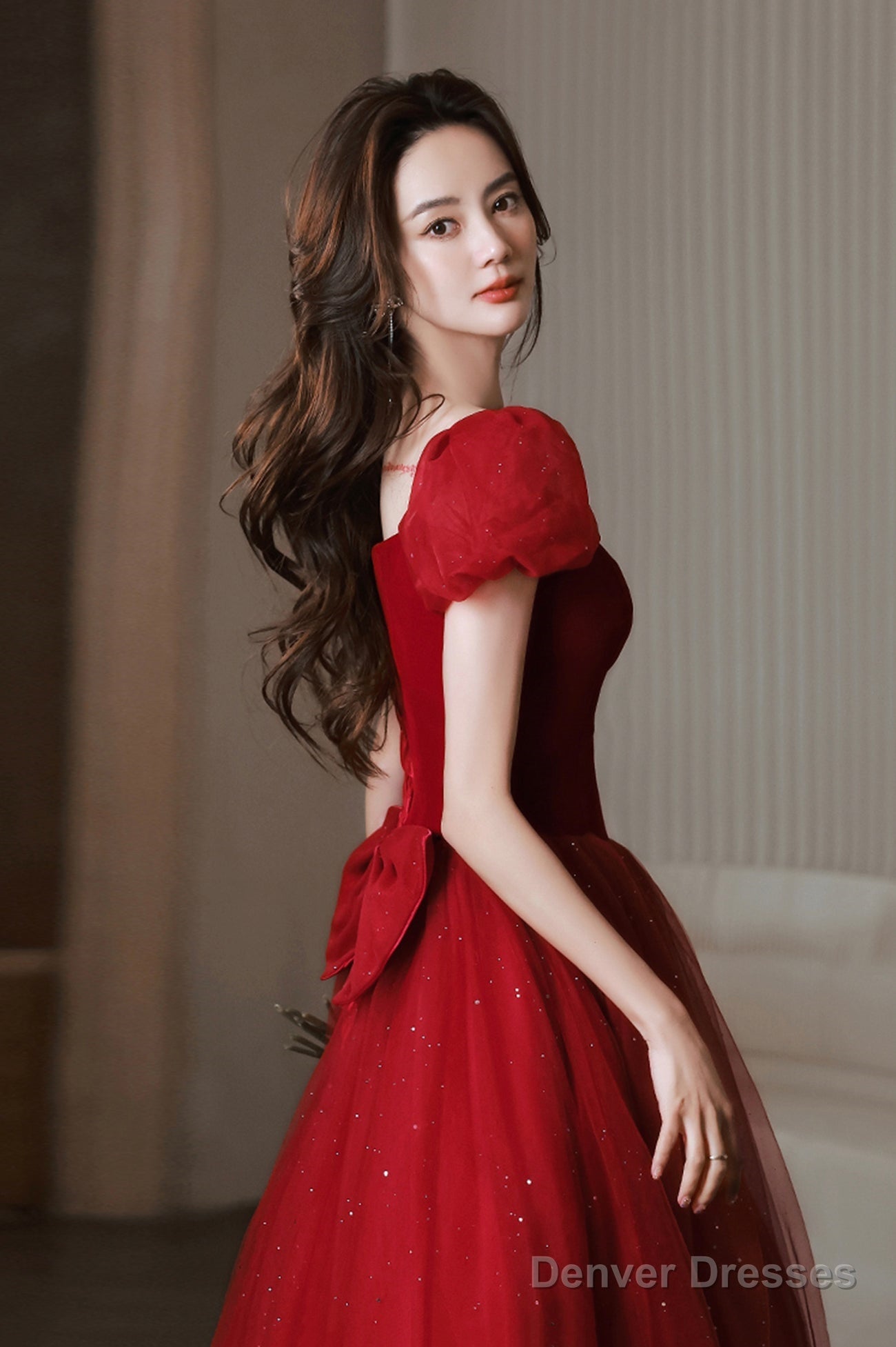 Red Velvet Tulle Long Prom Dress, Cute Short Sleeve Evening Dress Secondary image