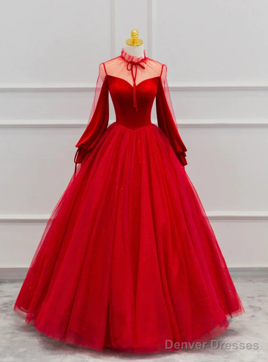 Red Velvet Tulle Long Sleeve Prom Dress Main image