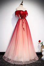 Red Off the Shoulder Long Tulle Prom Dress with Beading, Party Gown with Sequins