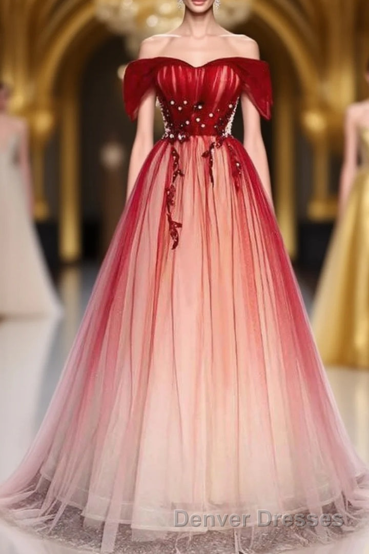 Red Off the Shoulder Long Tulle Prom Dress with Beading, Party Gown with Sequins Main image
