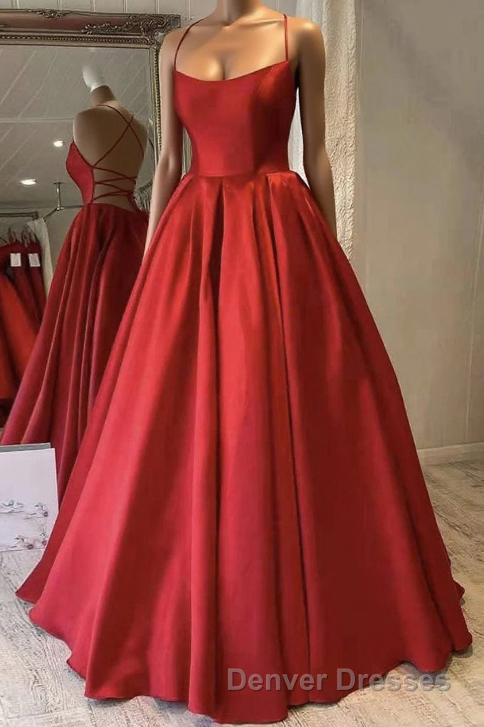 Red Satin Spaghetti Straps Long Prom Dress, Puffy Princess Formal Gown Main image