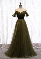 Green Tulle Long A-Line Prom Dresses, Off the Shoulder Evening Dresses