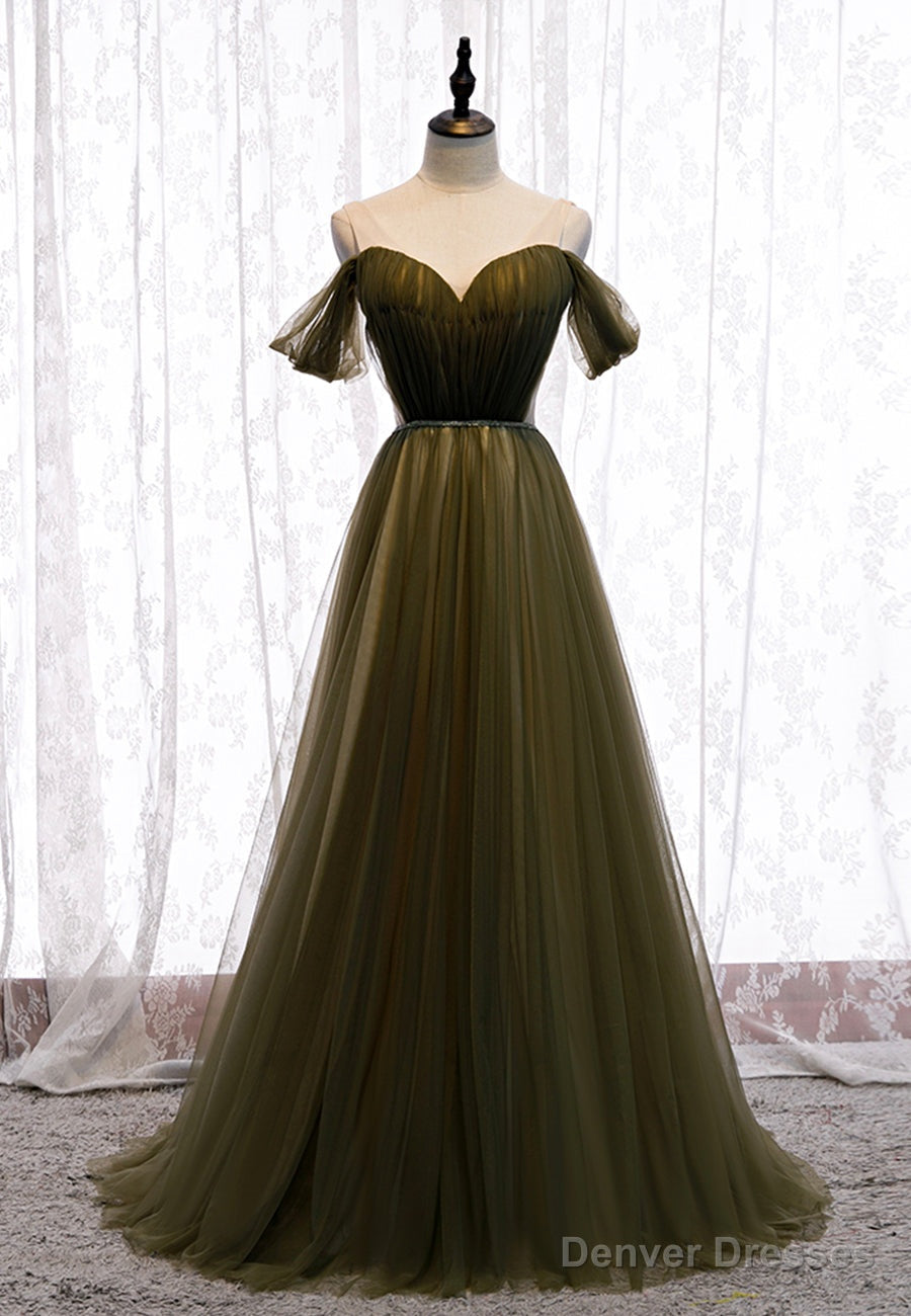 Green Tulle Long A-Line Prom Dresses, Off the Shoulder Evening Dresses
