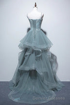 Gray Spaghetti Straps Tulle Princess Formal Evening Party Dress Long Formal Prom Dress