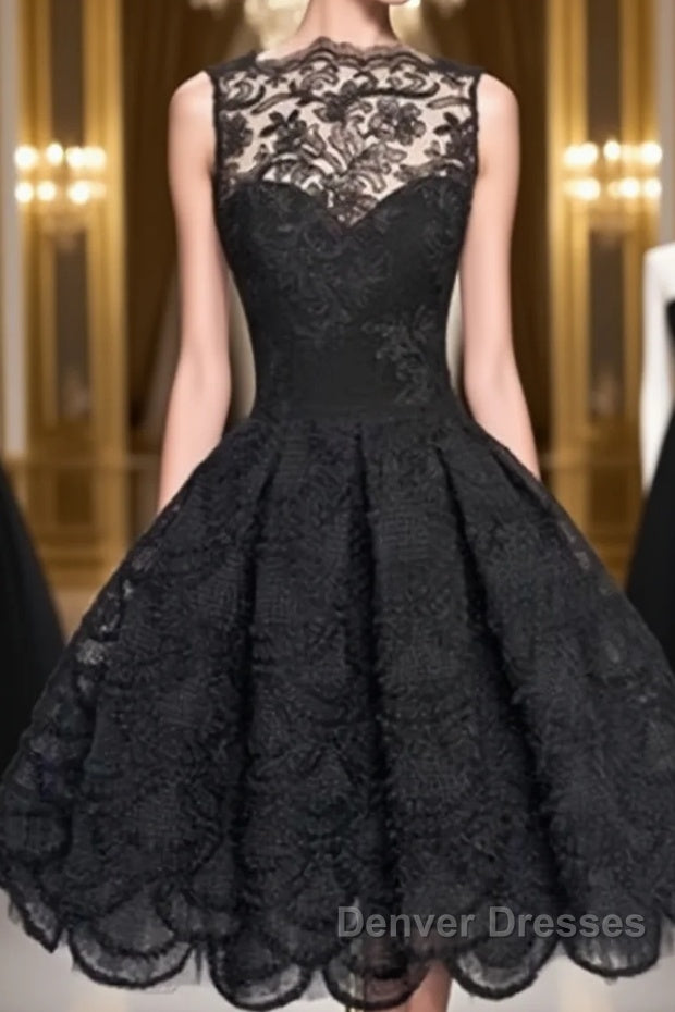 Retro A-line Black Lace Sleeveless Open Back Short Prom Dress, Homecoming Dress Main image