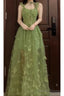 Retro A Line Spaghetti Straps Ankle Length Green Lace Prom Dresses Birthday Outfits