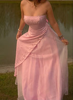 Retro A Line Strapless Pink Chiffon Long Party Dress Prom Dress