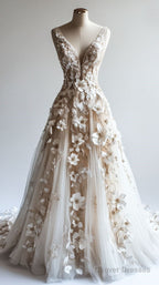 Retro A-Line V-Neck Tulle 3D Applique Wedding Dress Simple Beaded Ball Gown