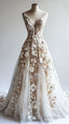 Retro A-Line V-Neck Tulle 3D Applique Wedding Dress Simple Beaded Ball Gown