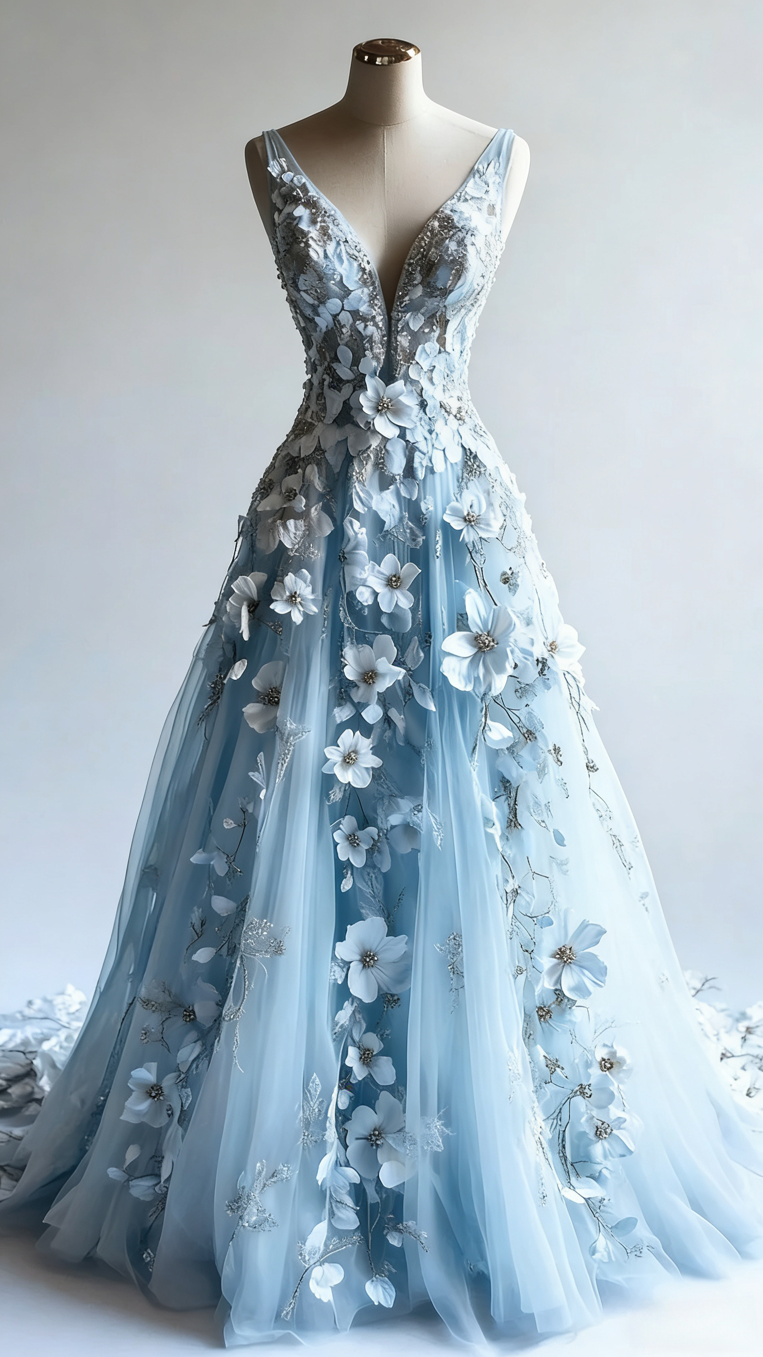 Retro A-Line V-Neck Tulle 3D Applique Wedding Dress Simple Beaded Evening Gown