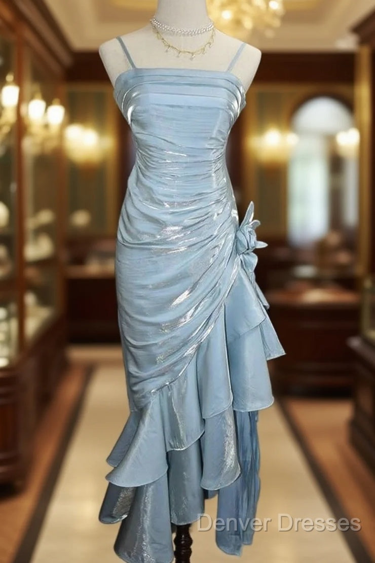 Retro Baby Blue Vintage Floral Dress Asymmetrical Hem Prom Gown Main image