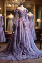 Retro Ball Gown Off The Shoulder Lilac Tulle Flowers Evening Dress Prom Dress