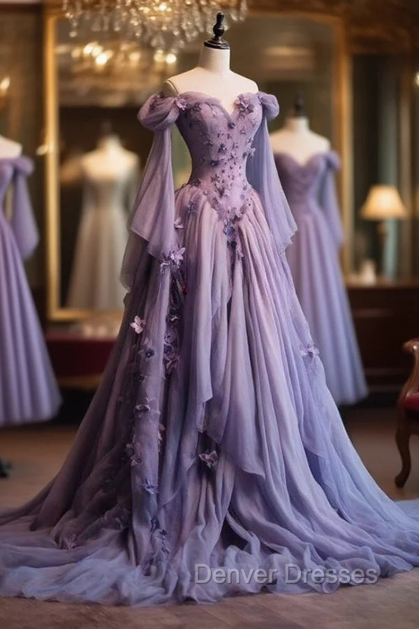Retro Ball Gown Off The Shoulder Lilac Tulle Flowers Evening Dress Prom Dress