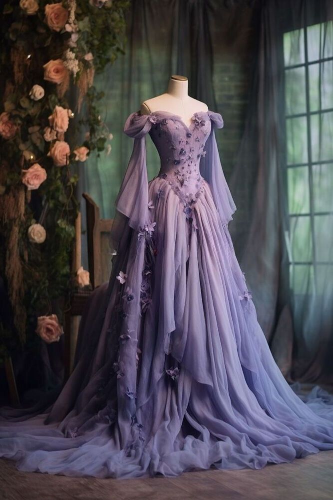 Retro Ball Gown Off The Shoulder Lilac Tulle Flowers Evening Dress Prom Dress