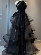 Retro Ball Gown Scoop Neckline Black Tulle Party Dress Prom Dresses Evening Dress