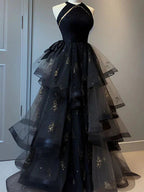 Retro Ball Gown Scoop Neckline Black Tulle Party Dress Prom Dress Evening Dress